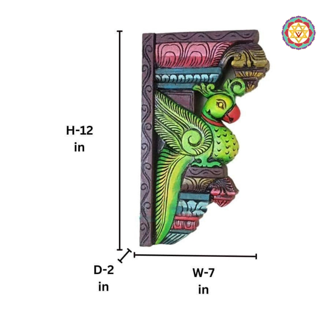 Detailed view of wooden parrot sculpture showing perched design and decorative floral base