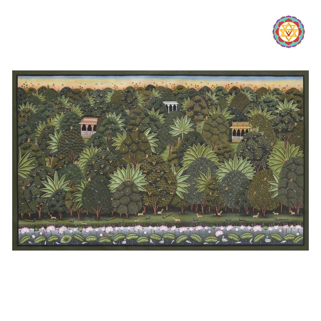 Hand-painted pichwai showing vibrant jungle, green trees, and blooming lotuses.
