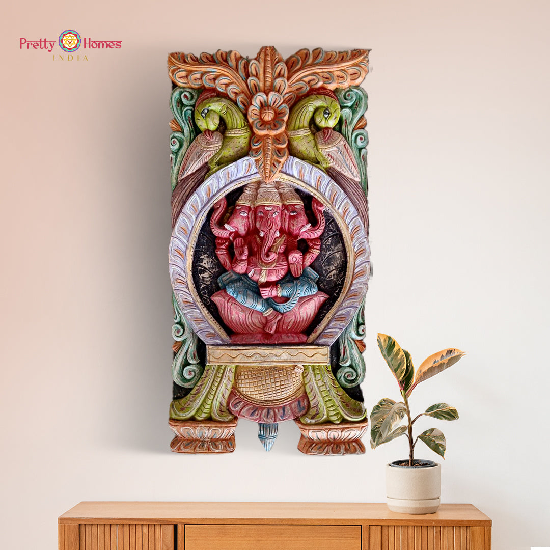 Kavadi panel with Tri Mukh Ganesha and parrots in temple gopuram style

