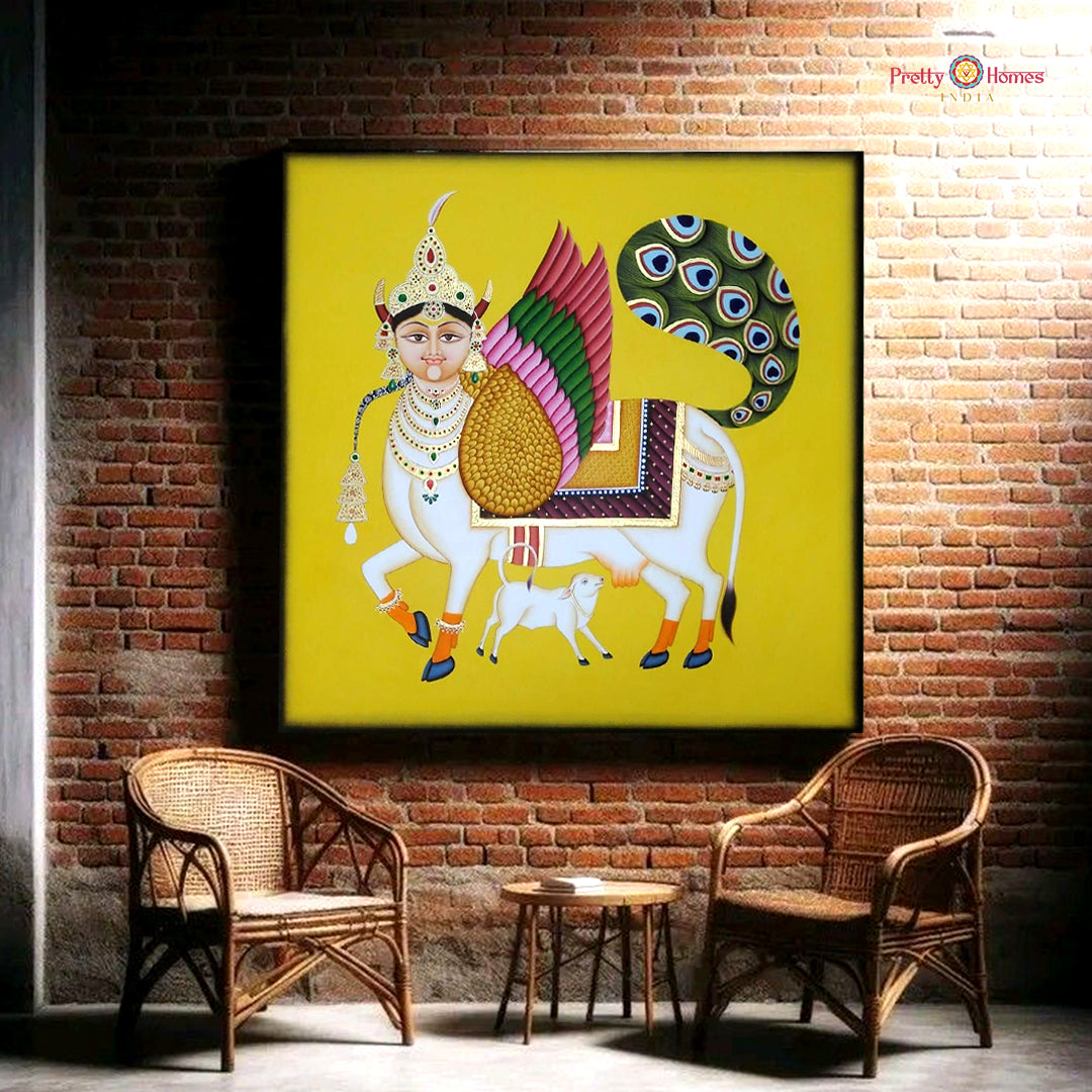 Detailed Pichwai painting of Krishna lifting Govardhan Hill surrounded by joyous cows and devotees