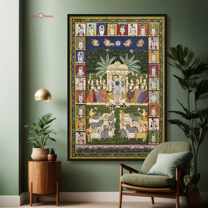 5-Foot Handpainted Blue Pichwai Shrinathji – Darshan, Sharad Purnima & Gopashtami Swaroop