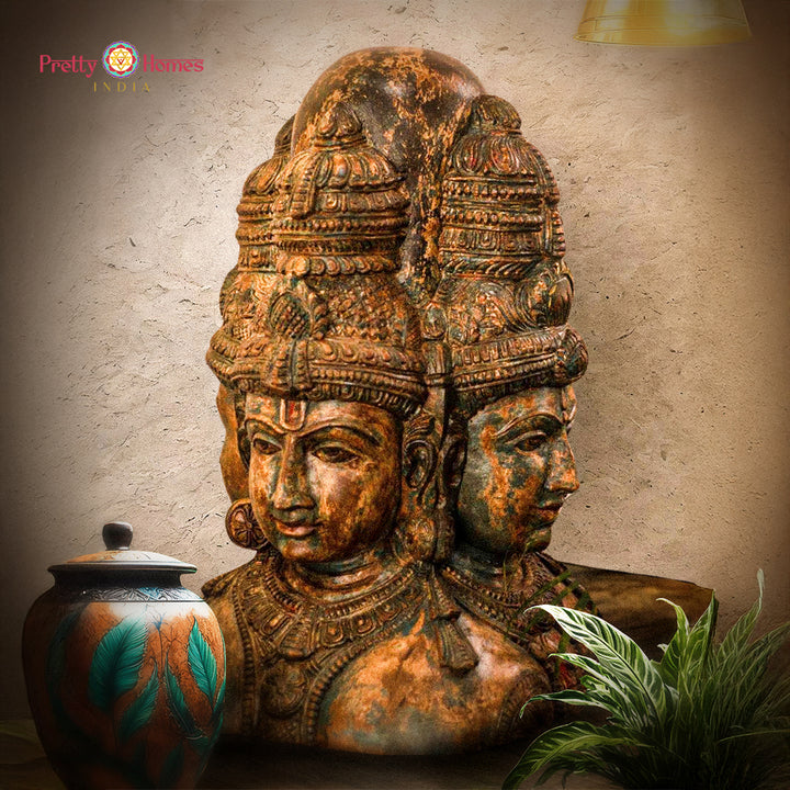 Wood Carved Trimurti Statue | Bust | Sculpture