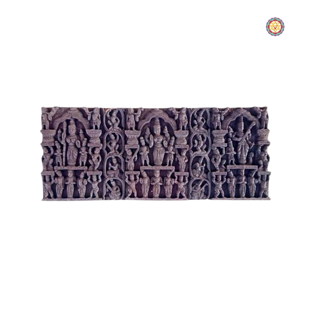 Antique temple panel showing Tridev and celestial figures – heritage handcrafted wall decor.