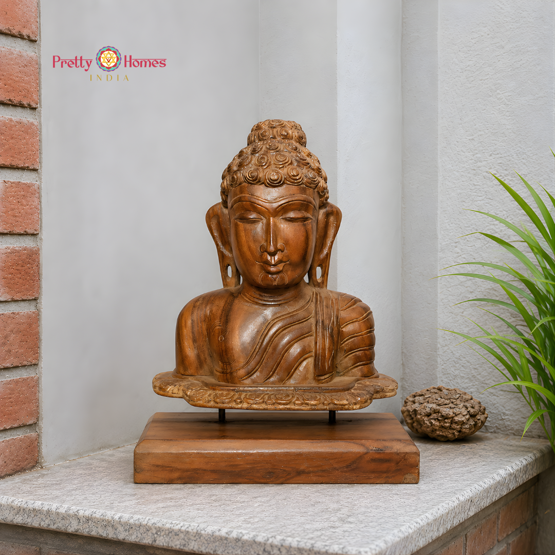Wood-Carved Buddha Bust with Stand