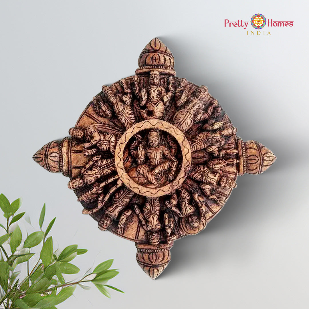 Wooden round wall plate depicting Lord Vishnu’s ten avatars