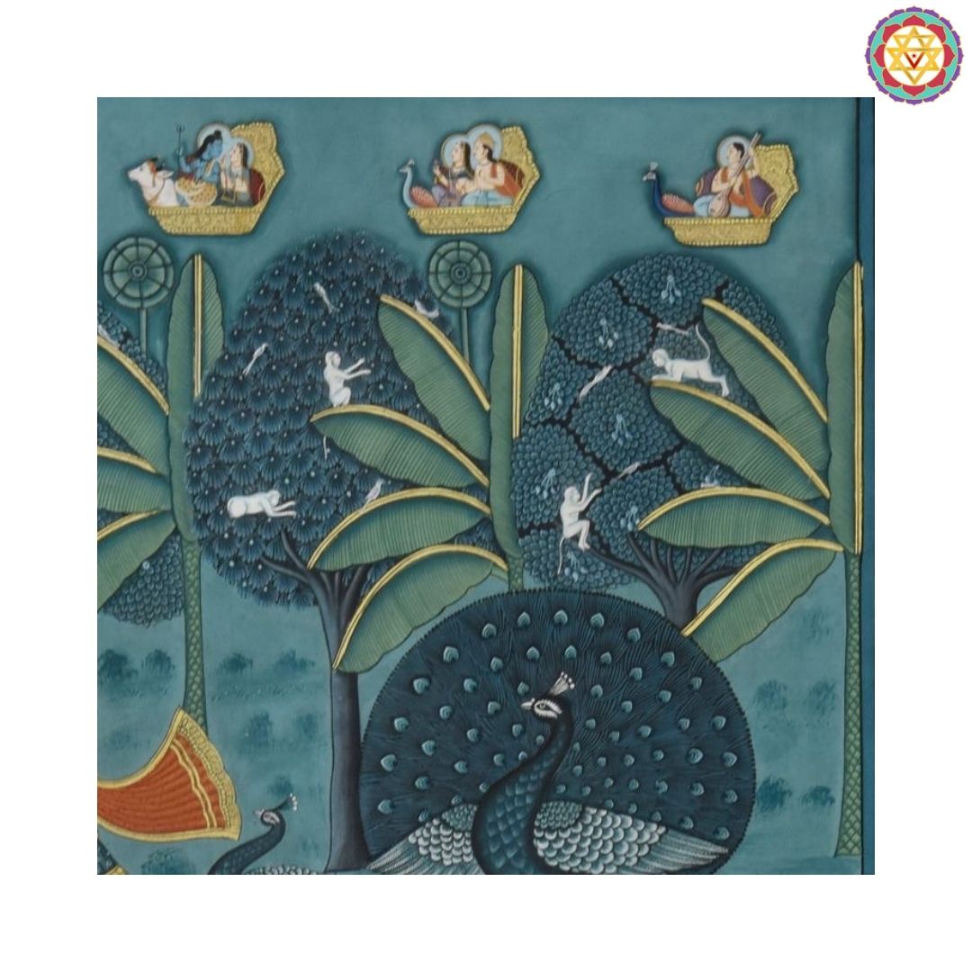 blue pichwai shrinathji with peacocks close up of divine detailing