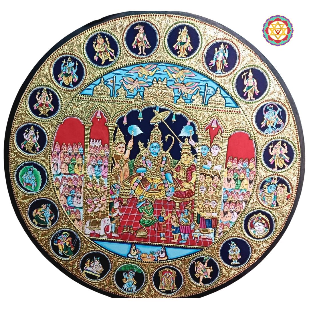 Round Handmade Tanjore – Ram Pattabhishek with Dashavatar Border | 24K Gold & Teakwood Frame