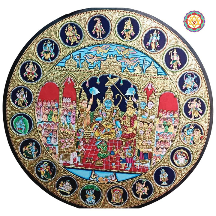 Round Handmade Tanjore – Ram Pattabhishek with Dashavatar Border | 24K Gold & Teakwood Frame