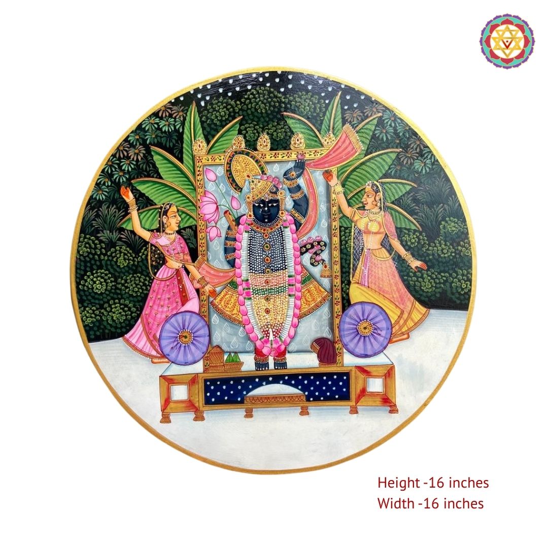 Close detail of Shrinathji and gopikas pichwai wall plate with forest elements