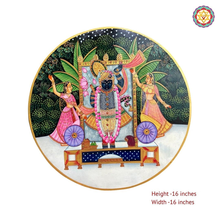 16” Round pichwai style -handpainted wall plate -shrinathji with Gopikas in forest