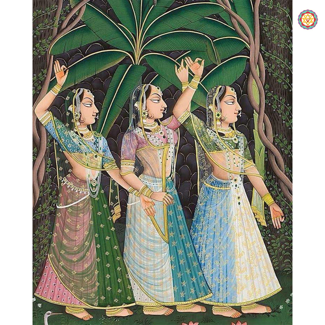 Pichwai style painting featuring gopis with Lord Krishna in detailed Rajasthani art