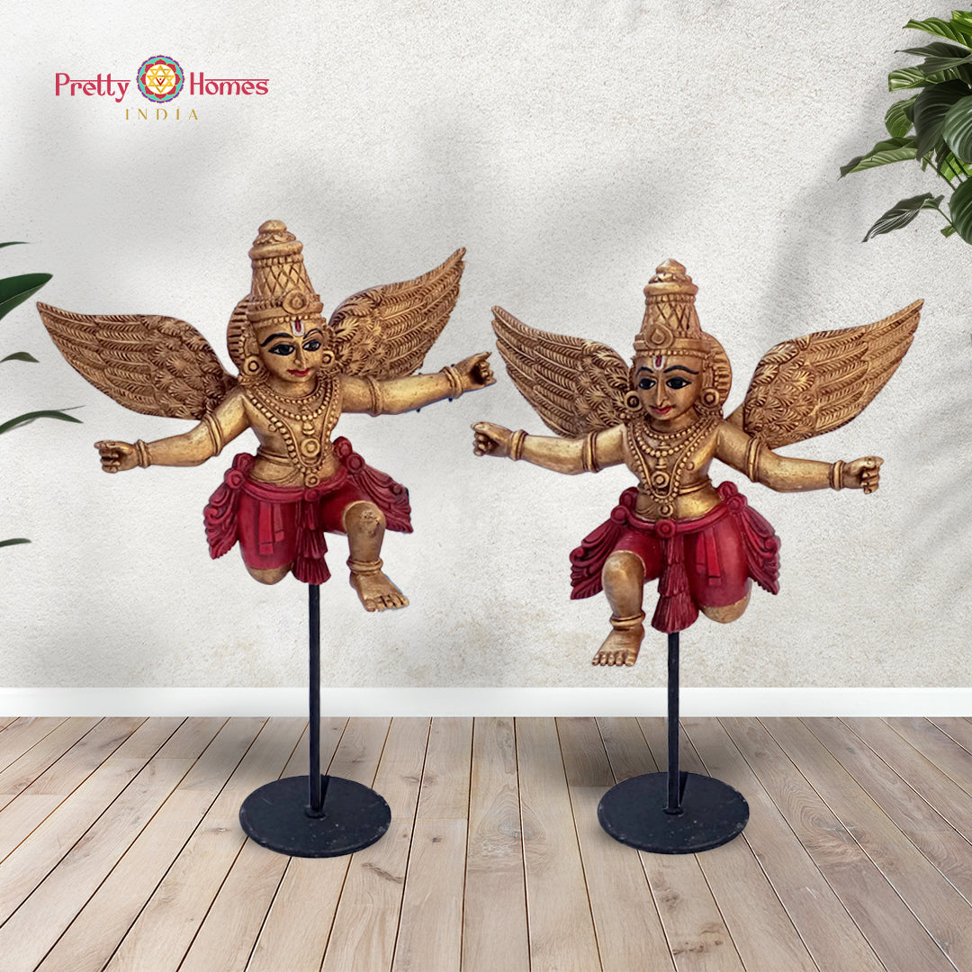 Hand-carved wooden Gandharva Indian angel tabletop sculpture — antique gold finish, devotional art piece for console or altar display