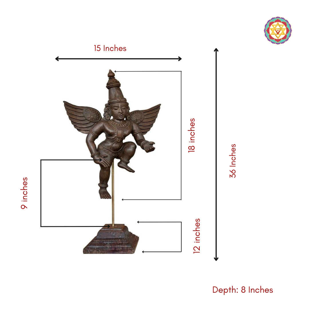 Product dimension overlay: Gandharva sculpture — Width 15 in, Figure 18 in, Total 36 in, Base 12 in, Depth 8 in (measurement diagram)