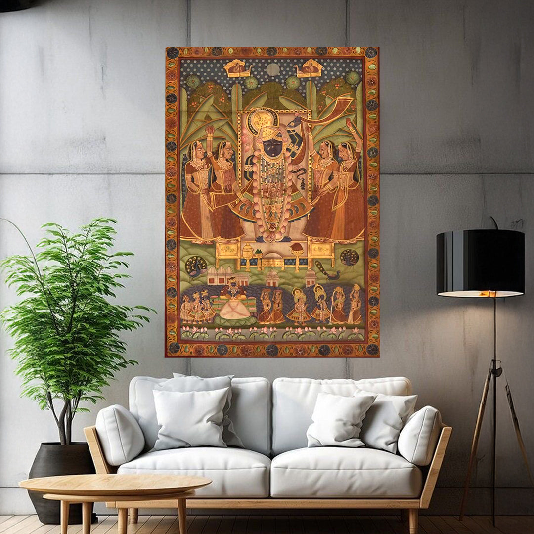 Vintage-style Pichwai painting of Shreenathji with Gopikas and other gods — antique devotional artwork hand-painted on cloth