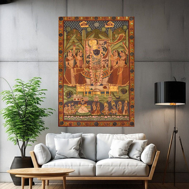 Pichwai: Vintage/ Antique style  pichwai -shreenathji with Gopikas and other gods