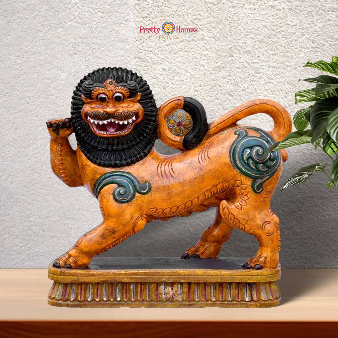 Handcarved in Wood Temple Lion (Yali) Sculpture