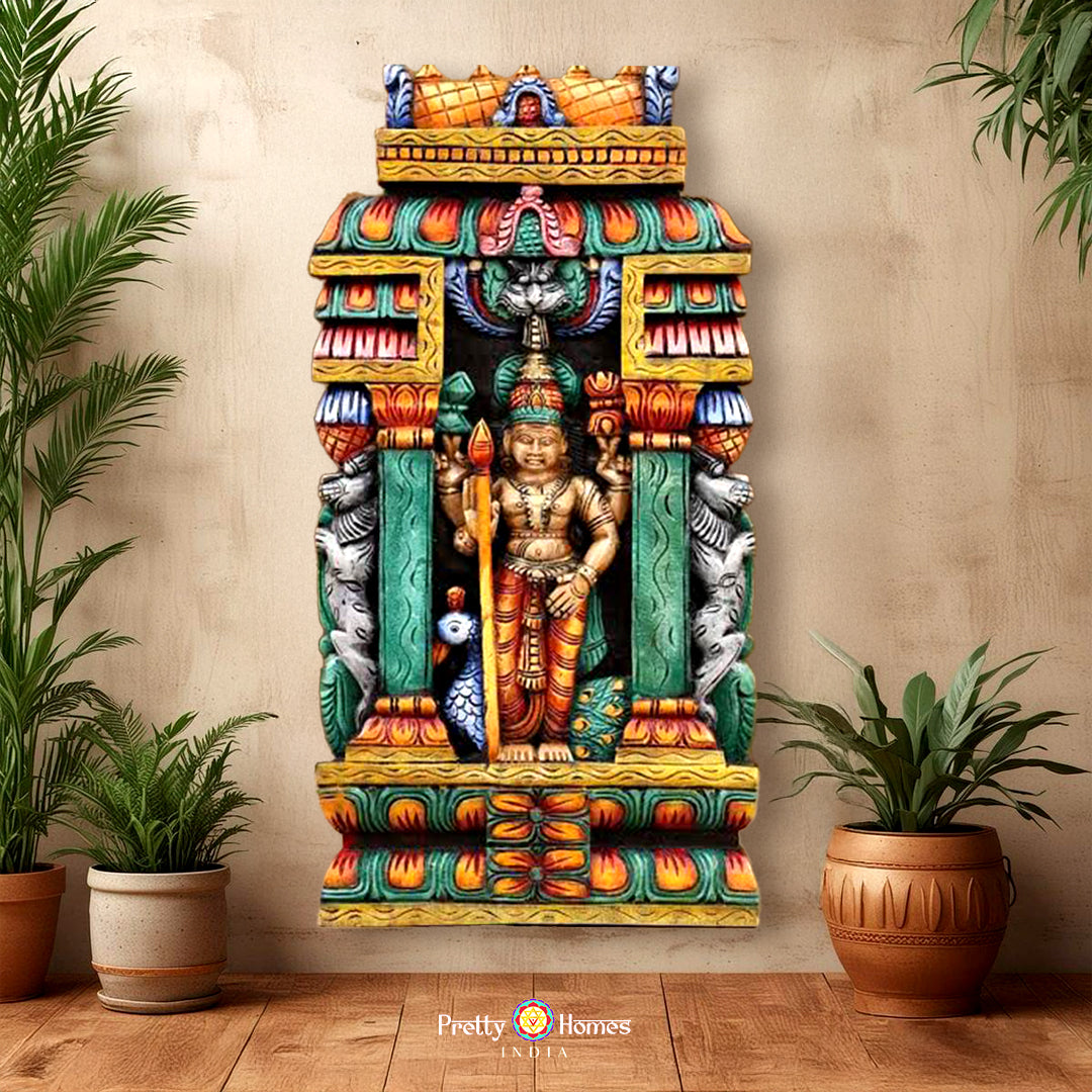 Wooden wall carving panel of Lord Murugan in gopuram frame
