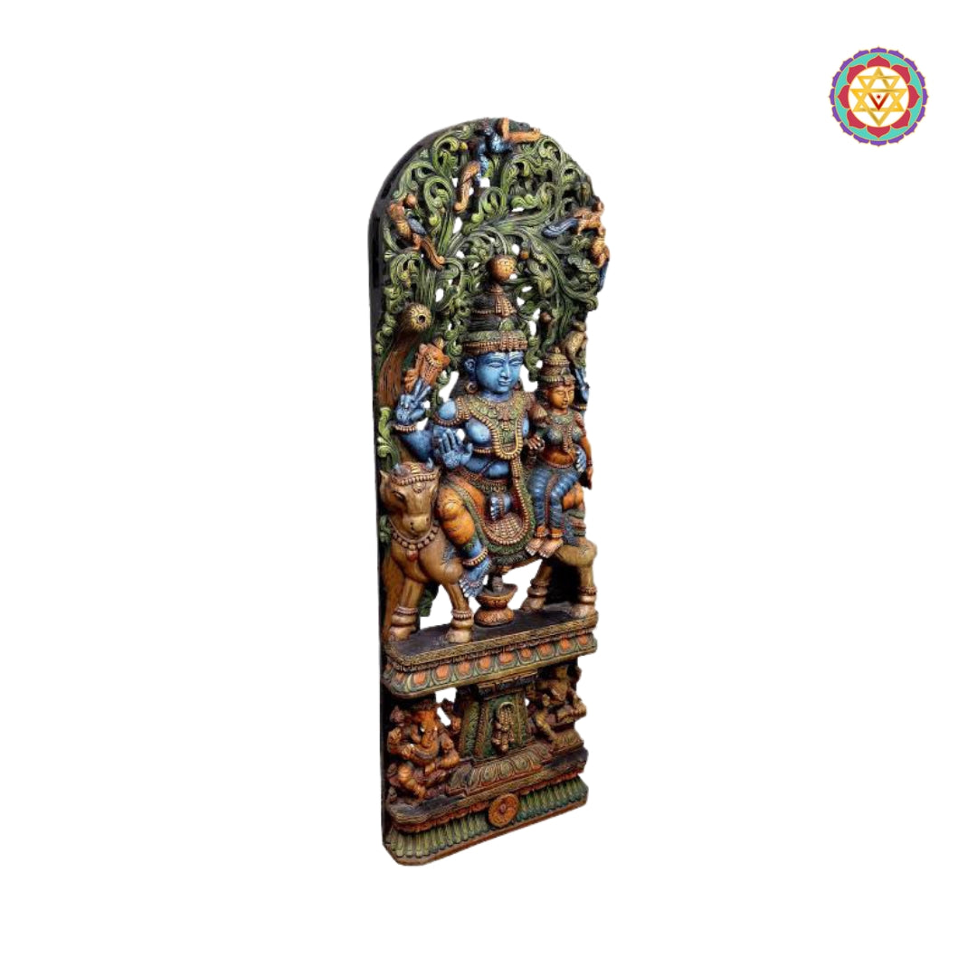 60” Wood-Carved Canopy Panel – Shiva Parvati Seated on Nandi