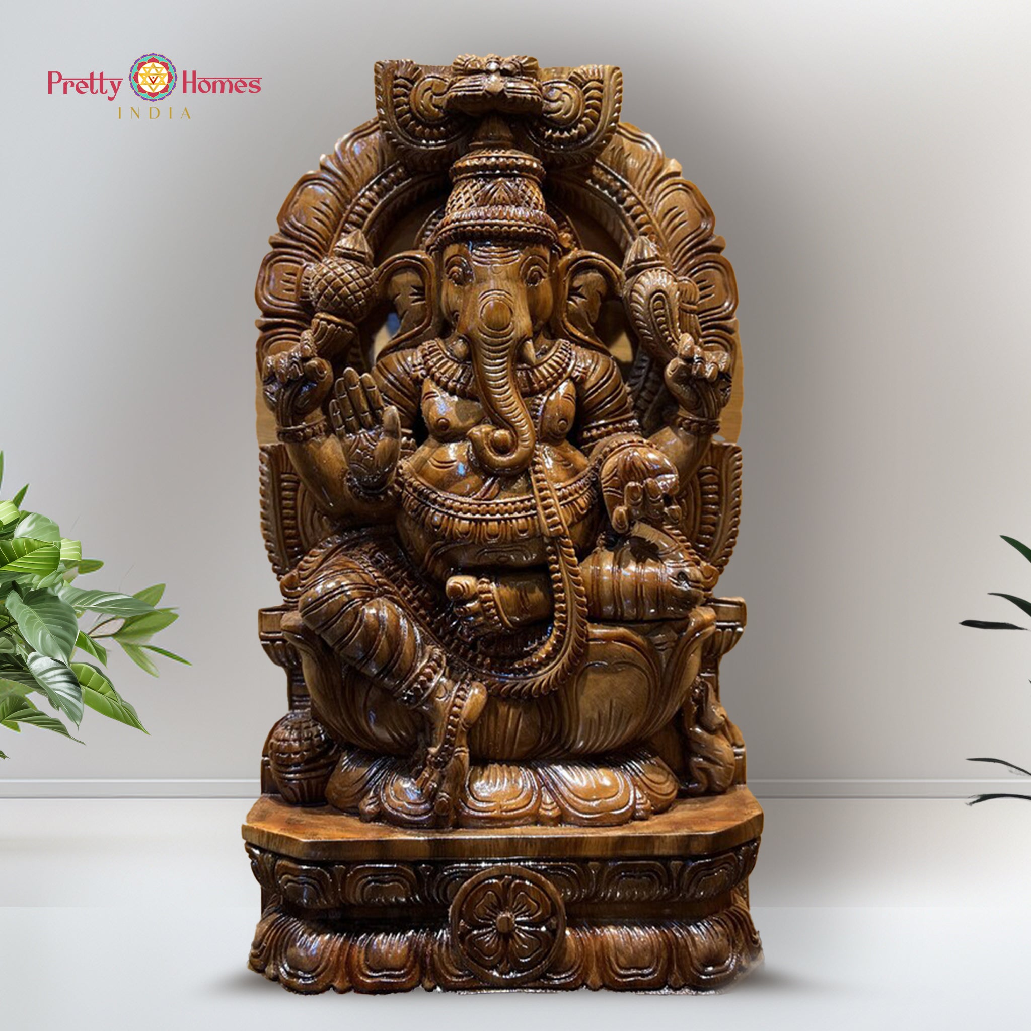 Hand-carved teak wood Ganesha sculpture statue — antique brown polish, Hindu deity idol for temple or home decor