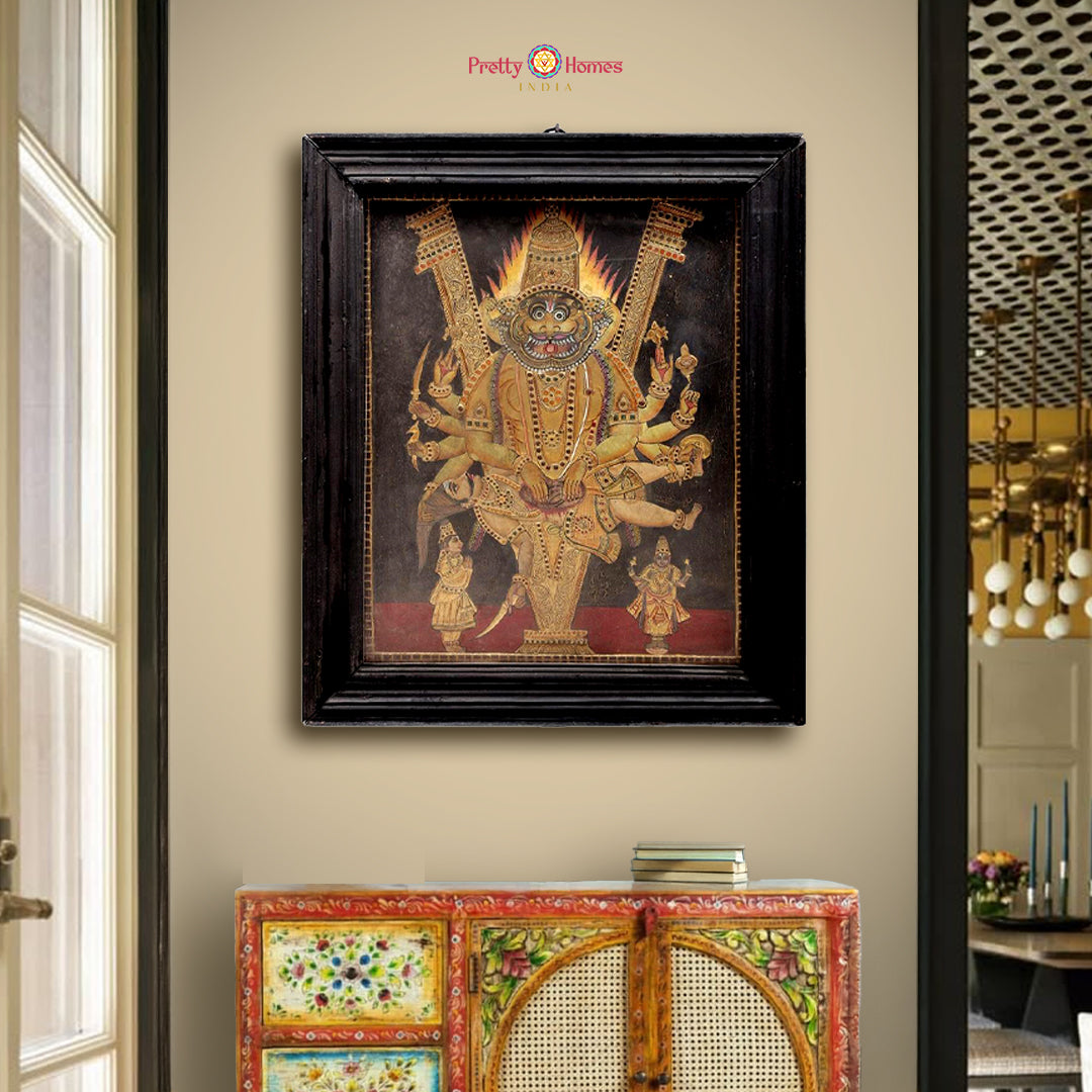 Narasimha Tanjore painting in gold foil framed in traditional teakwood