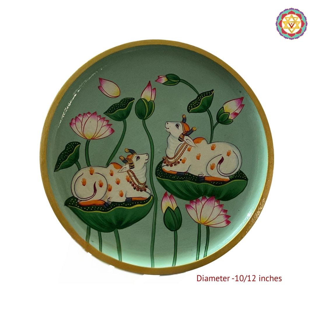 Pichwai -sage handpainted wall plate -cows on lotus leaves