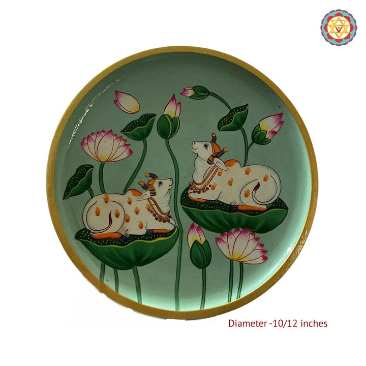 Pichwai -sage handpainted wall plate -cows on lotus leaves