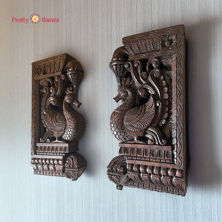 Intricately Handcarved Beautiful Standing Hamsa Bird (Annapakshi) Paired Wooden Wall Brackets (Single)