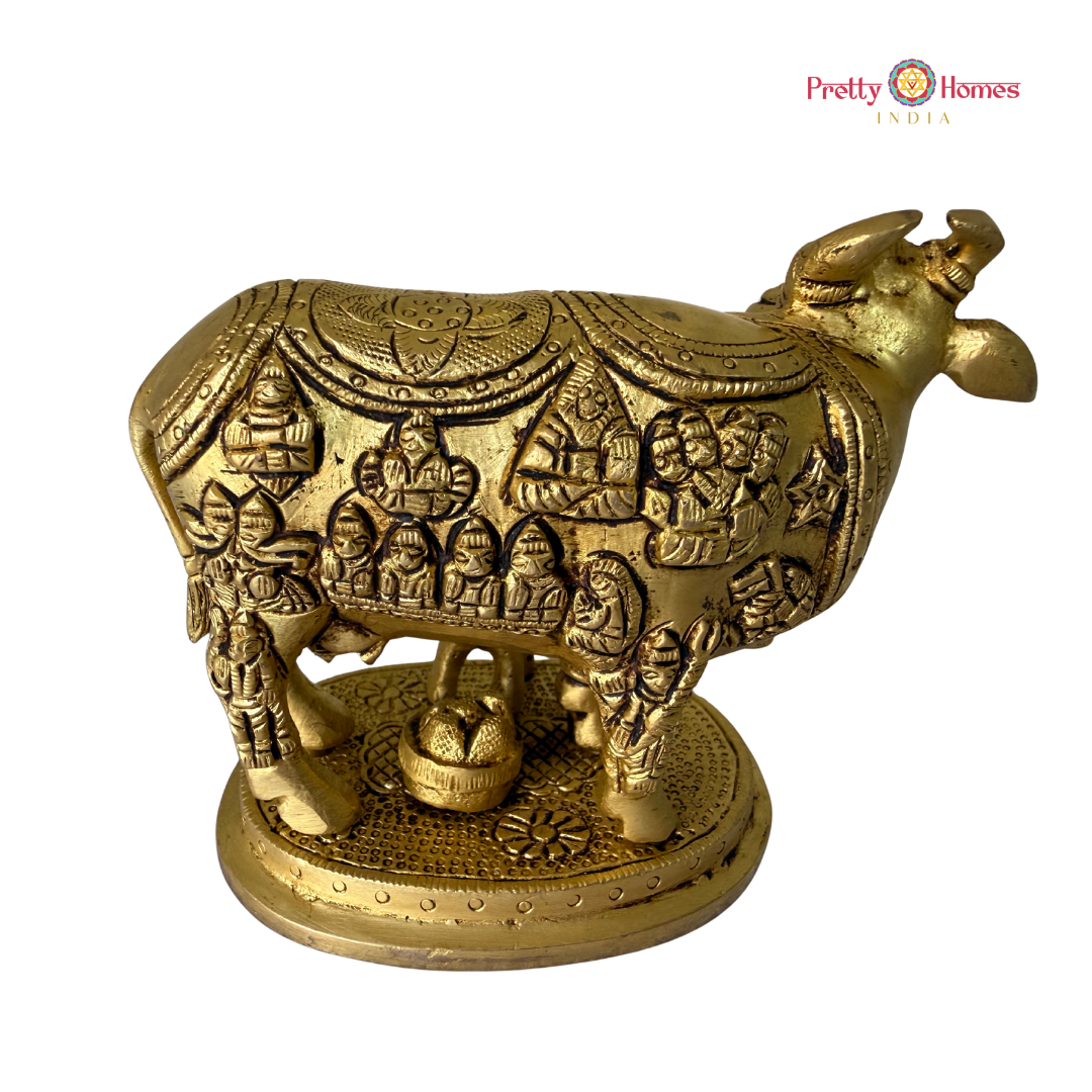 Brass Kamadhenu Cow with Calf & Deities
