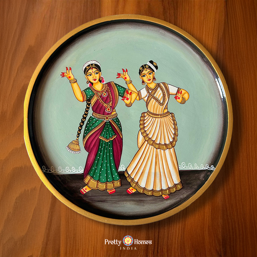 south indian classical dancers wall plate in hand-carved wooden design