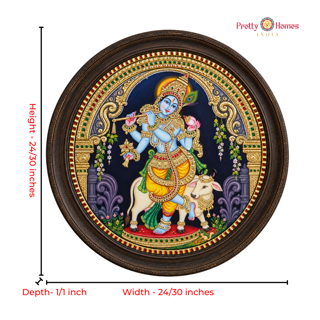 Round Krishna with Flute – Tanjore Painting