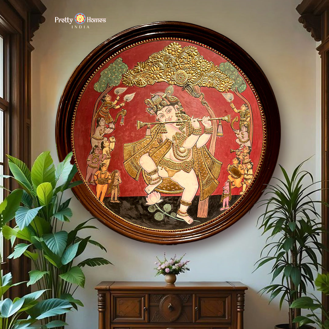 vintage round tanjore dancing krishna with gopikas full composition with gold leaf and ornate border