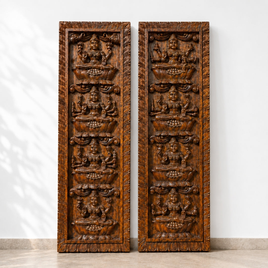 Large Vertical Ashtalakshmi Wall Panels – Handcarved Wooden Pair (Set of 2)