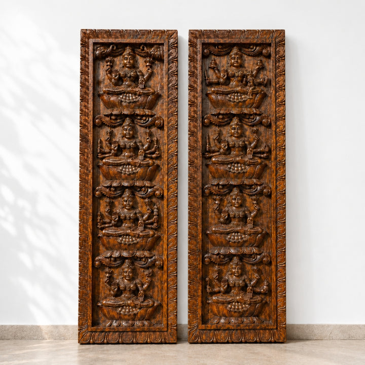 Large Vertical Ashtalakshmi Wall Panels – Handcarved Wooden Pair (Set of 2)