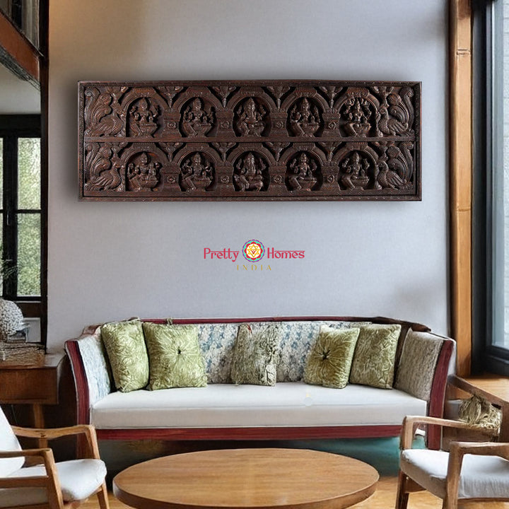 72” Large Handcrafted Wooden Ashta Ganesha & Ashta Lakshmi Panel – Traditional Design