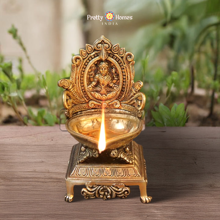 Brass Mahalakshmi Diya (Lamp) – Handcrafted with Golden Fine Work, 7 Inch | Sacred Lamp for Prosperity & Spiritual Light