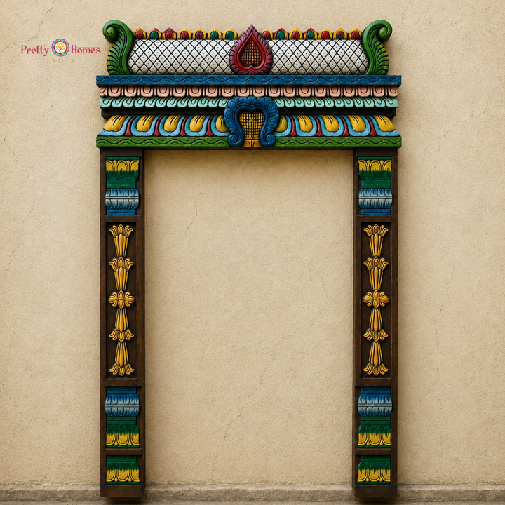 Wood-Carved Chettinad-Style Gopuram with Floral Side Pillars