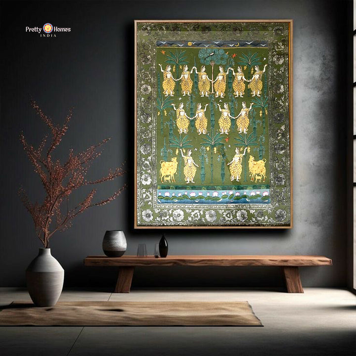 Dancing Gopikas — Vintage-Style Pichwai in Rustic Green for Heritage Interiors