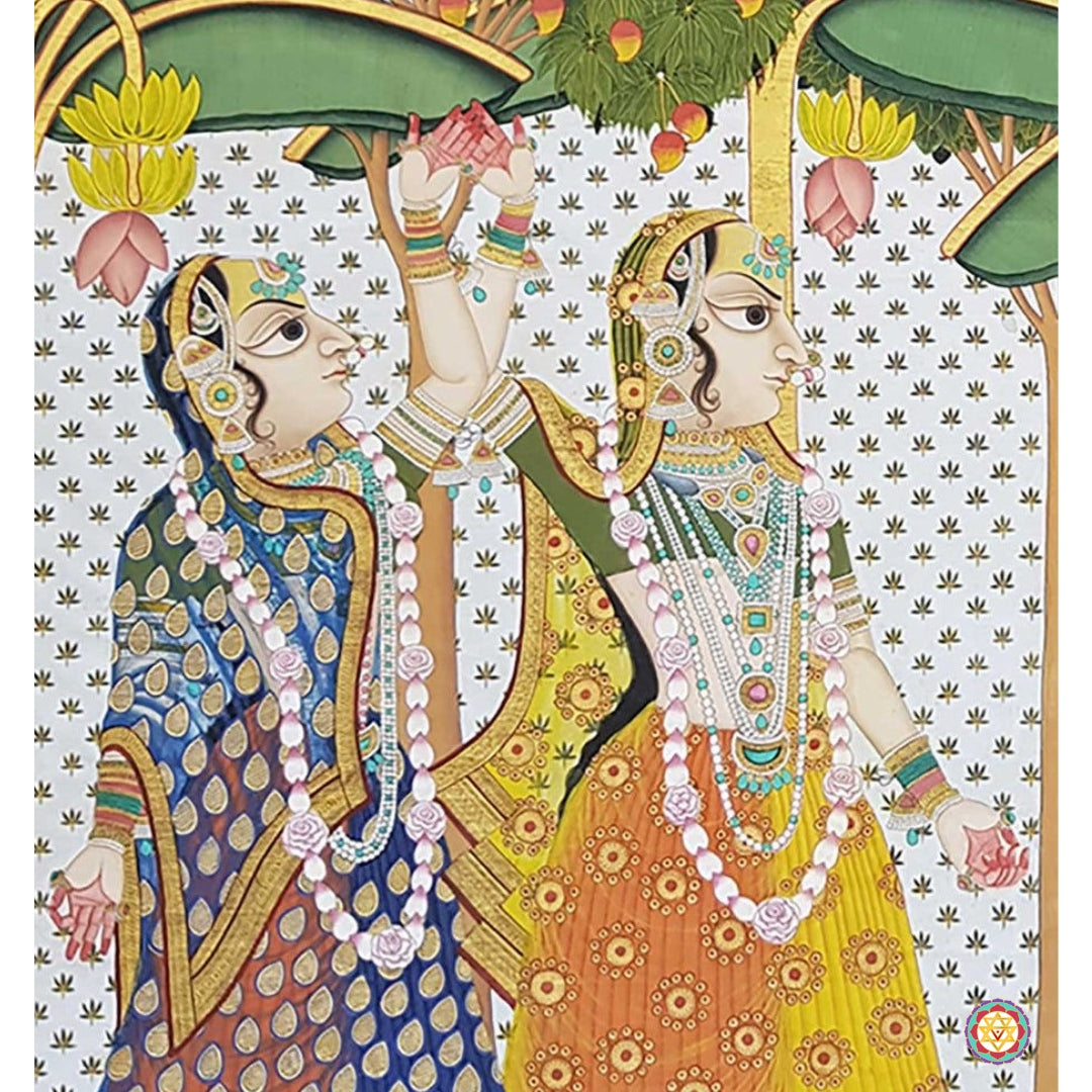 Close-up of Pichwai painting — detailed brushwork highlighting Gopikas and forest landscape, handmade Indian art