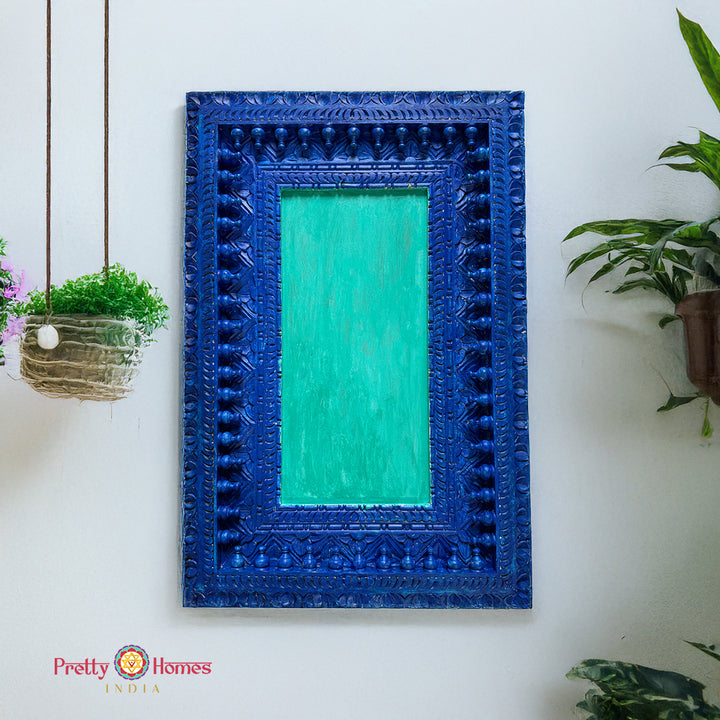 Rustic Dual-Blue Spindle Rectangular Mirror Frame for Vintage Home Wall Decor