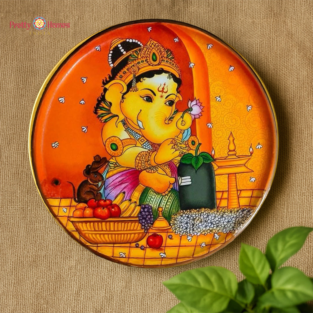 Kerala mural Ganesha wall plate depicting Ganesha with Shivling in traditional style
