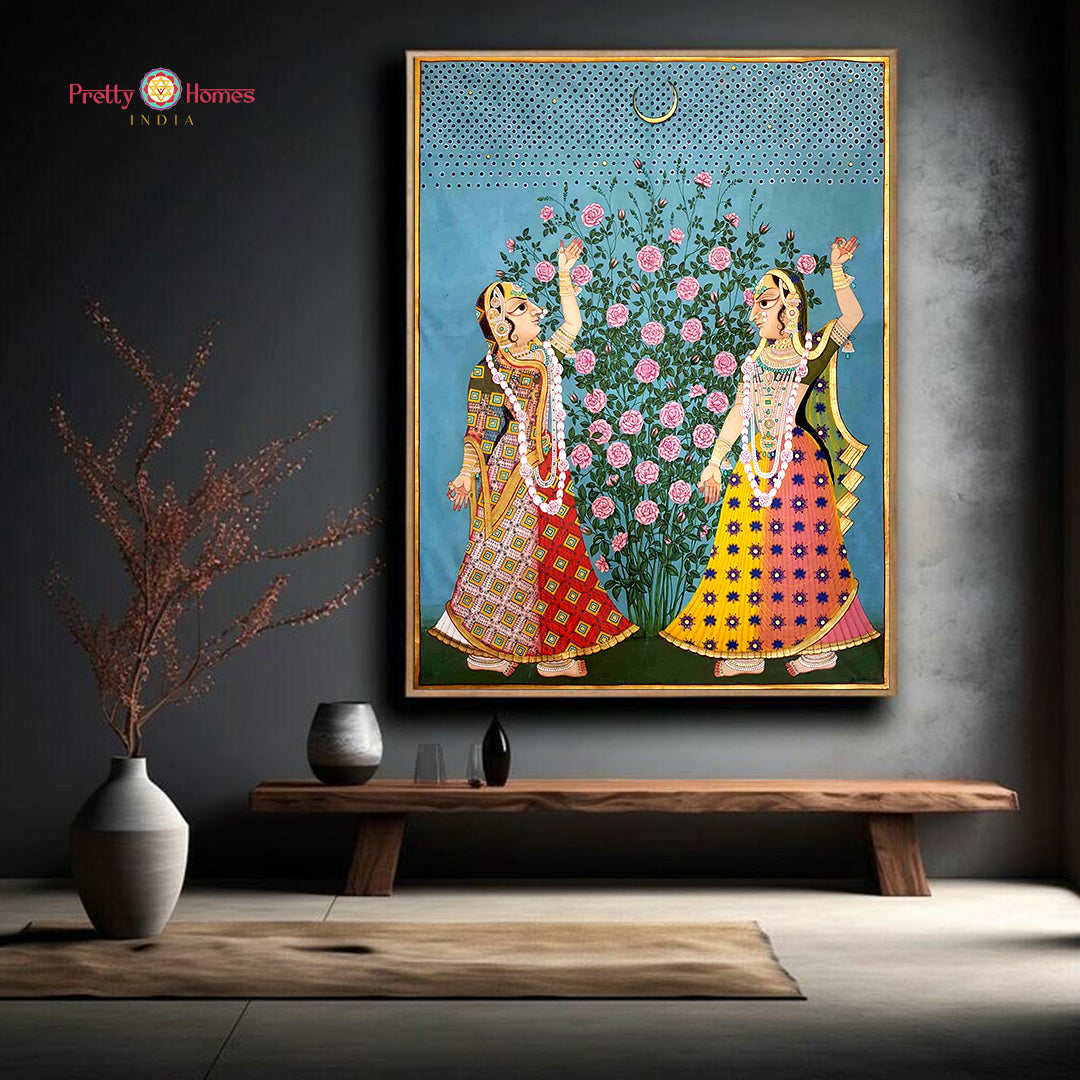 Hand-painted Pichwai painting of Gopikas — traditional Indian art on cloth using natural pigments and gold highlights