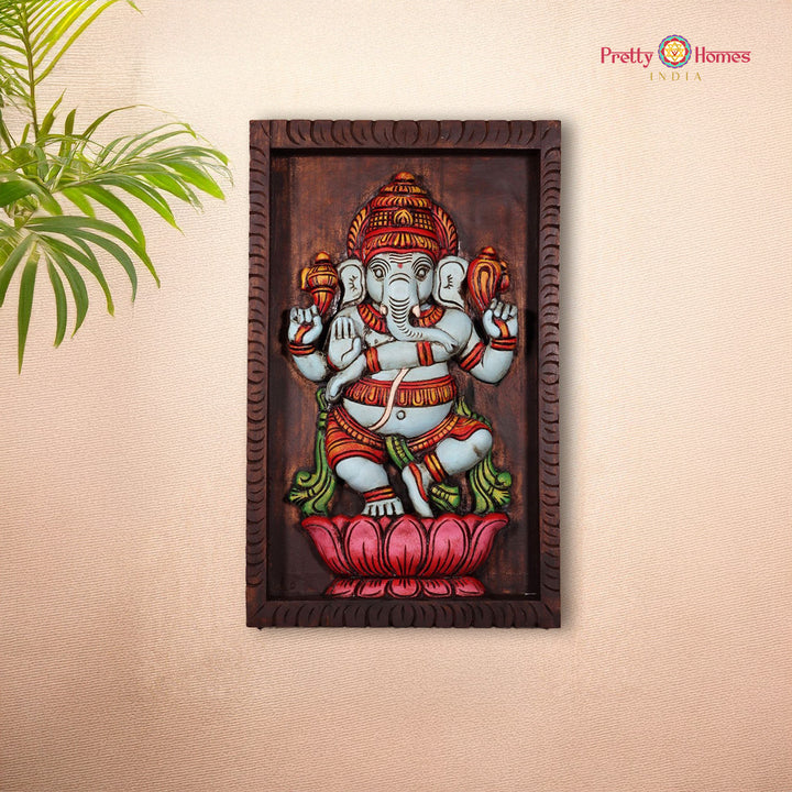 woodcarved dancing Ganesha frame mount /wall panel&