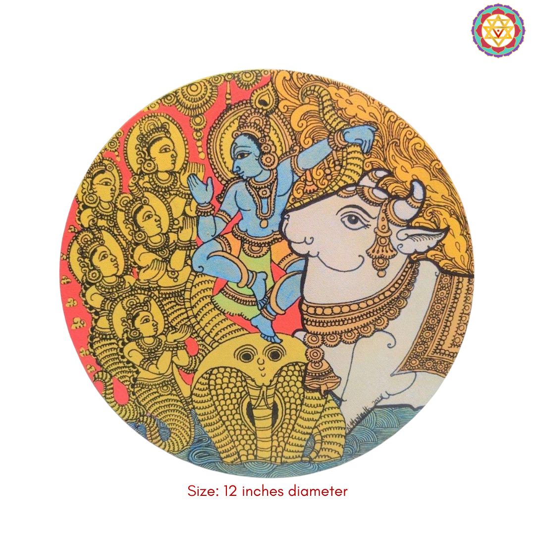 close up kalamkari krishna on serpent plate detailed brushwork and colors