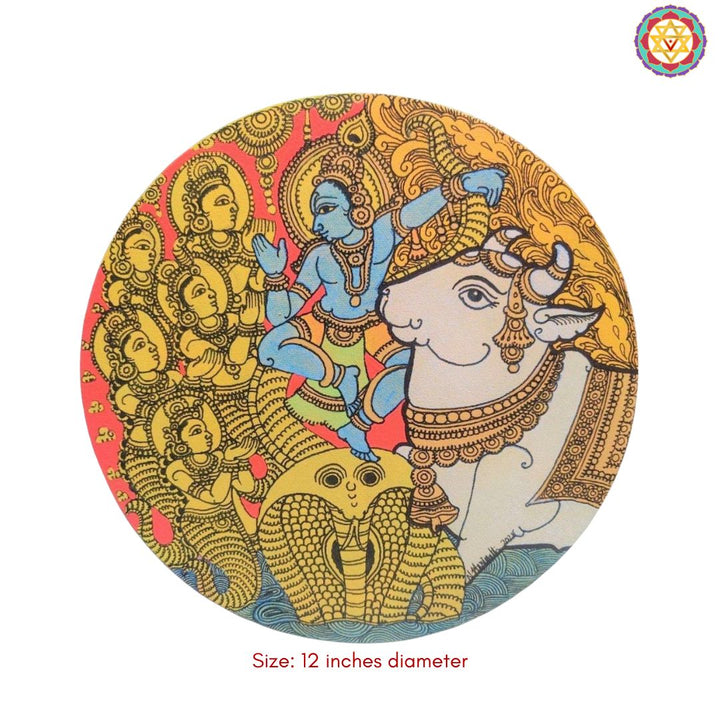 Handpainted Kalamkari Style Dancing Krishna on Serpent Wall Plate/wall decor