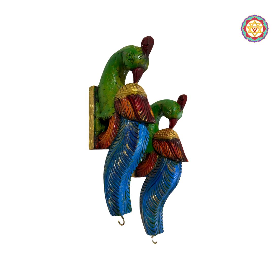 close-up of wooden parrot bracket with intricate detailing