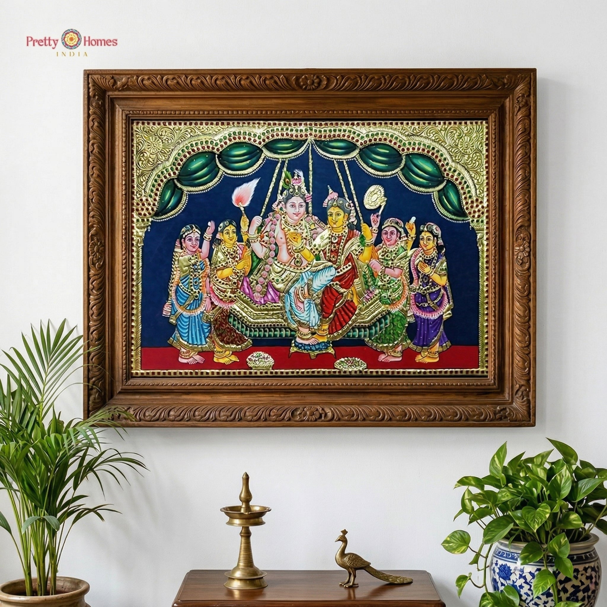 Handpainted Tanjore Painting in Real 22 Carat Gold Foil – Radha Krishna on Swing with Sakhis