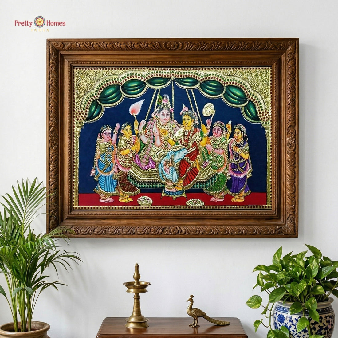 Handpainted Tanjore Painting in Real 22 Carat Gold Foil – Radha Krishna on Swing with Sakhis