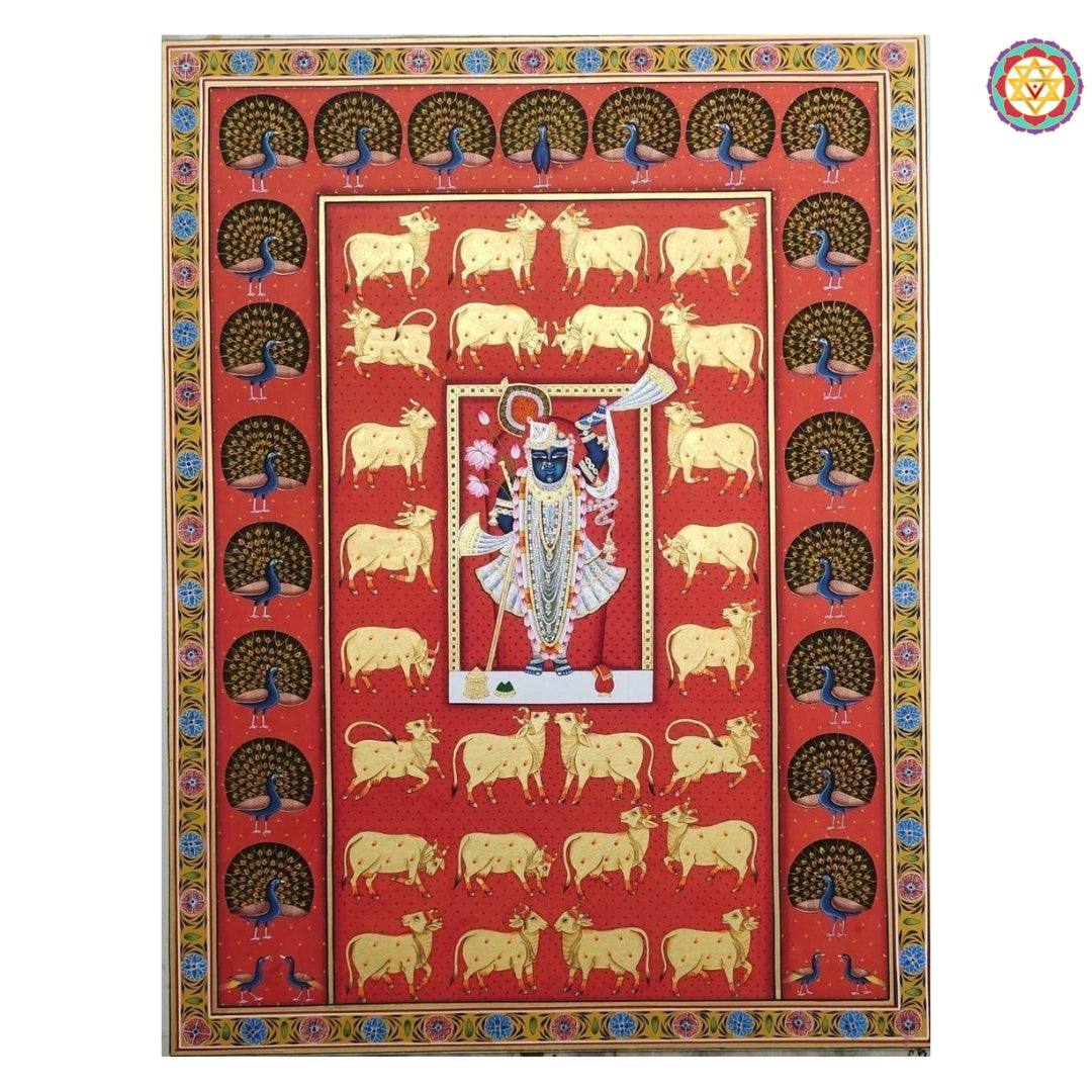 Close-up view of Shreenathji with cows Morkuti Pichwai painting showing devotional theme and intricate pattern