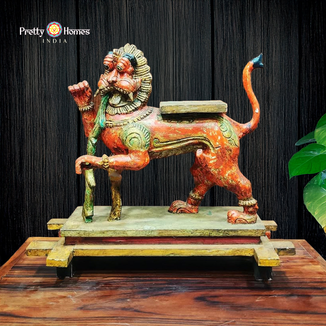 Majestic Simha Yali Wooden Sculpture – Symbol of Power and Protection