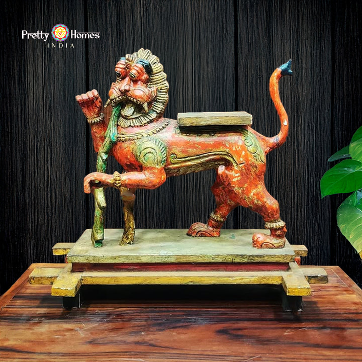 Majestic Simha Yali Wooden Sculpture – Symbol of Power and Protection